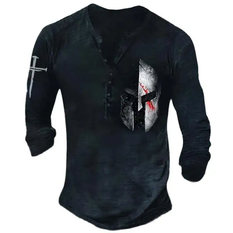 Open Placket Button Digital Printing Men’s Long-sleeved T-shirt