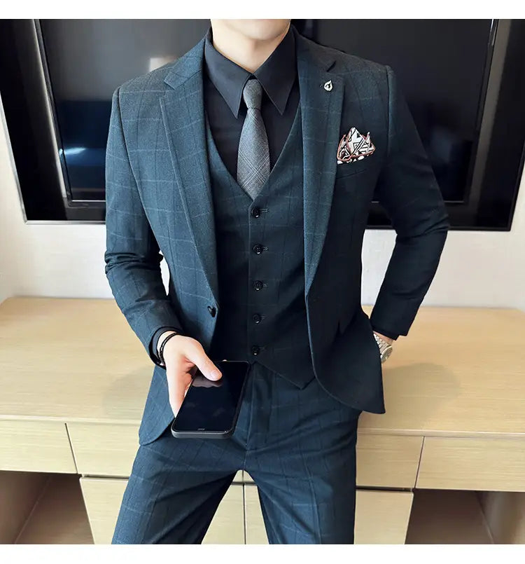 Boy’s Yarn-dyed Fabric Suit Set Three-piece Set Groom Groomsman Dress
