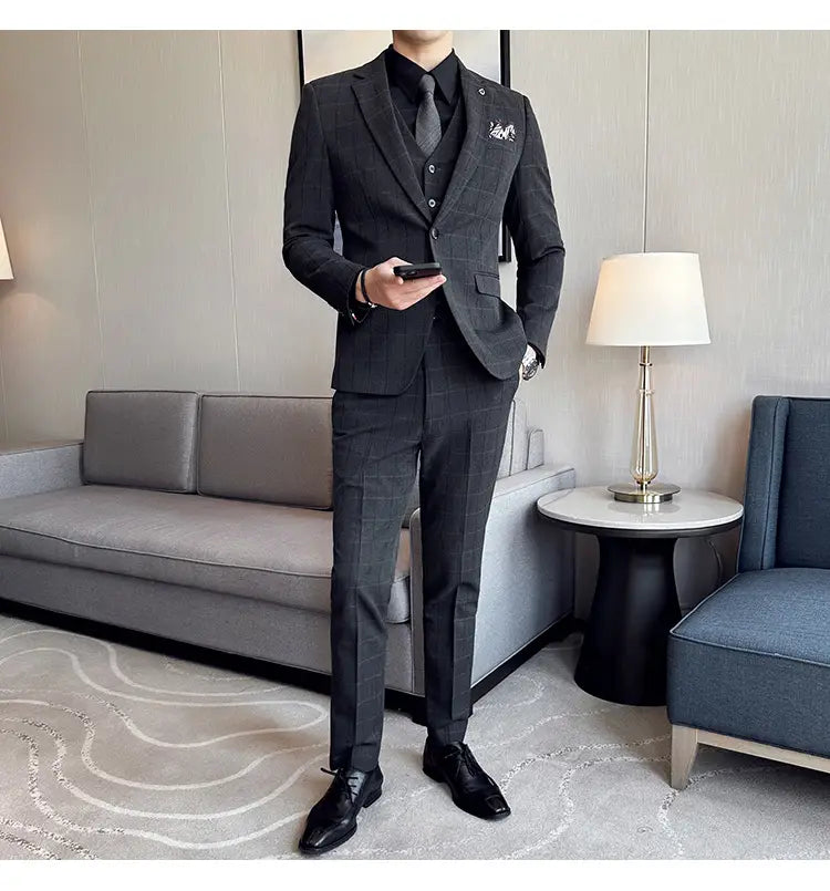 Boy’s Yarn-dyed Fabric Suit Set Three-piece Set Groom Groomsman Dress