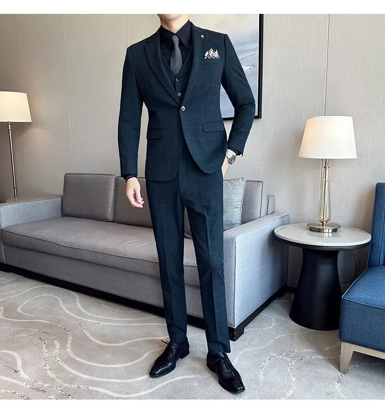 Boy’s Yarn-dyed Fabric Suit Set Three-piece Set Groom Groomsman Dress