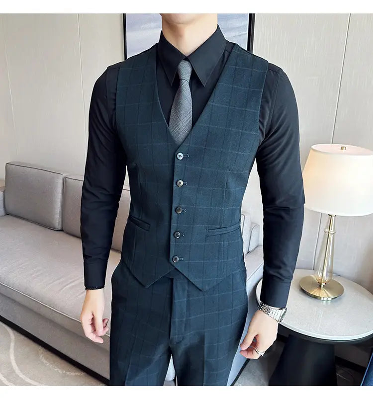 Boy’s Yarn-dyed Fabric Suit Set Three-piece Set Groom Groomsman Dress