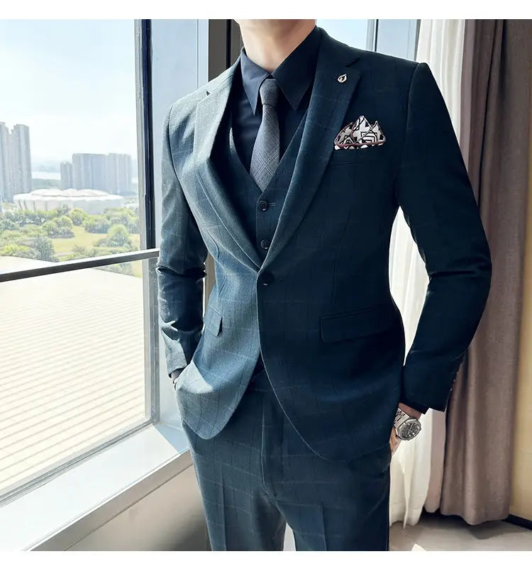 Boy’s Yarn-dyed Fabric Suit Set Three-piece Set Groom Groomsman Dress