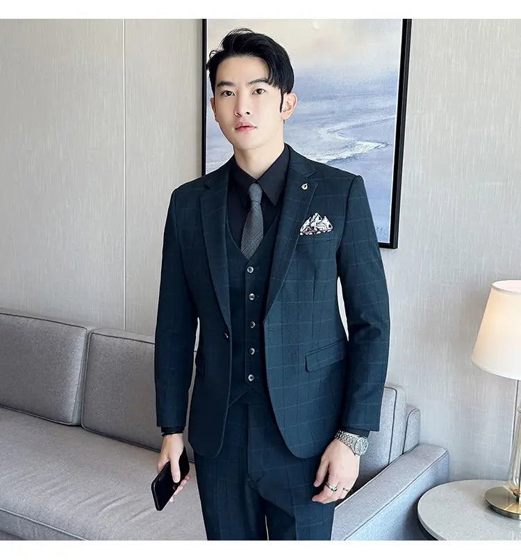 Boy’s Yarn-dyed Fabric Suit Set Three-piece Set Groom Groomsman Dress