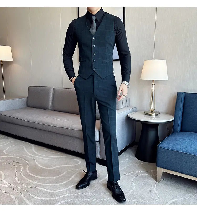 Boy’s Yarn-dyed Fabric Suit Set Three-piece Set Groom Groomsman Dress