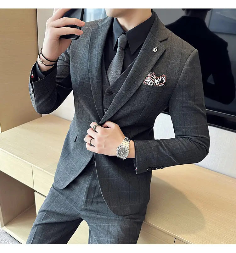 Boy’s Yarn-dyed Fabric Suit Set Three-piece Set Groom Groomsman Dress