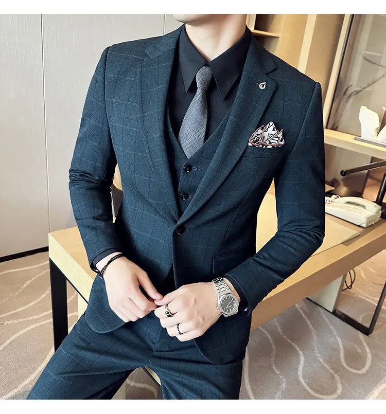 Boy’s Yarn-dyed Fabric Suit Set Three-piece Set Groom Groomsman Dress