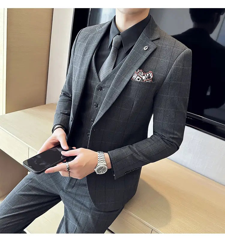 Boy’s Yarn-dyed Fabric Suit Set Three-piece Set Groom Groomsman Dress