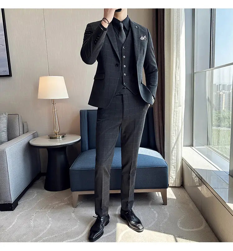 Boy’s Yarn-dyed Fabric Suit Set Three-piece Set Groom Groomsman Dress