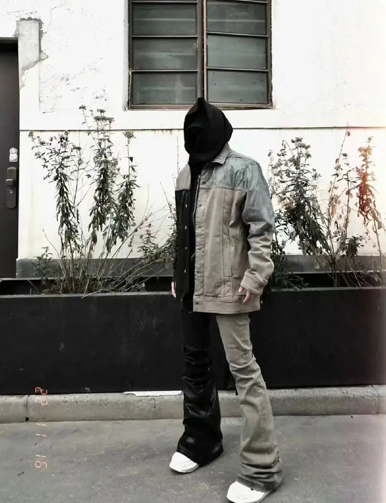 Worn Looking Washed-out Splicing Coating Brush Wax Deconstruction Denim Jacket Coat