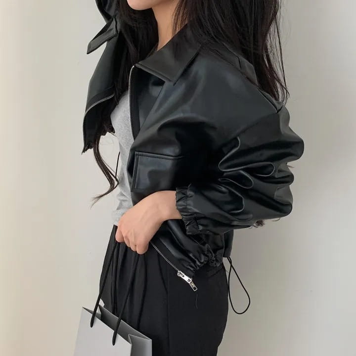 Lapel Double Zipper Pocket Long Sleeve Leather Coat