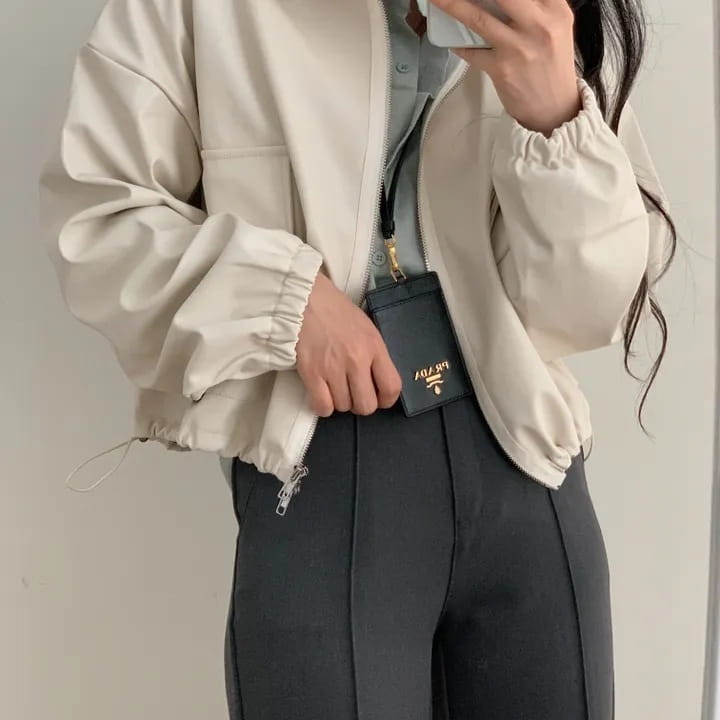 Lapel Double Zipper Pocket Long Sleeve Leather Coat