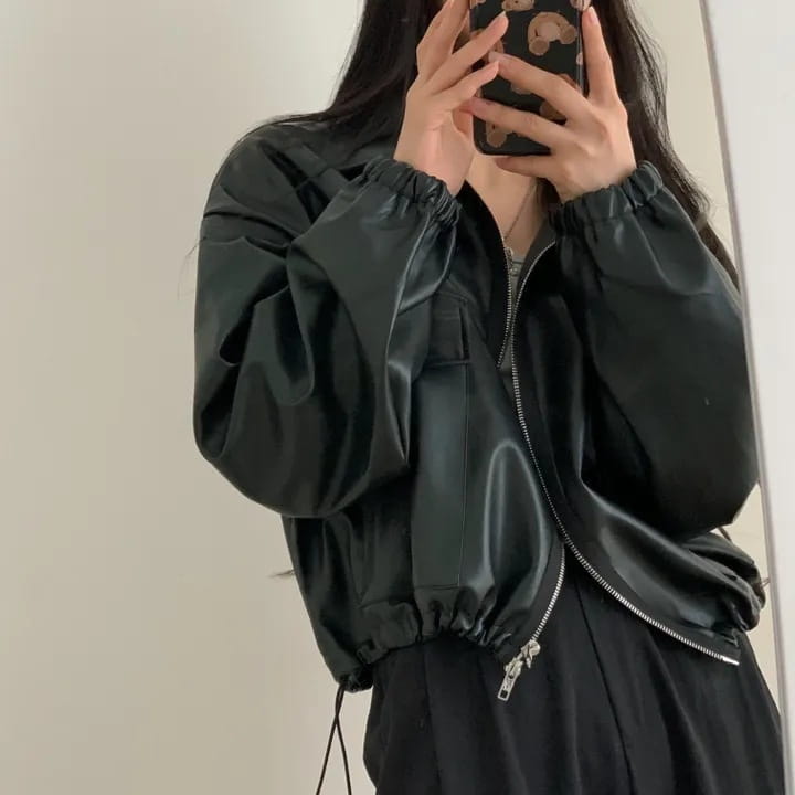 Lapel Double Zipper Pocket Long Sleeve Leather Coat