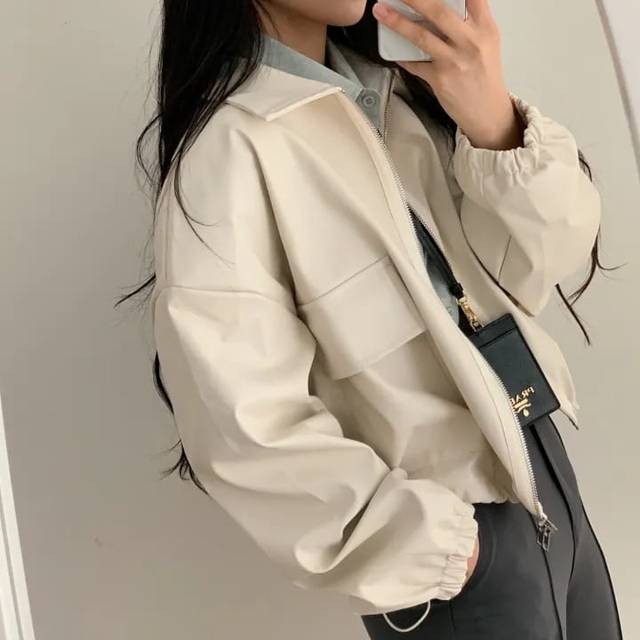 Lapel Double Zipper Pocket Long Sleeve Leather Coat