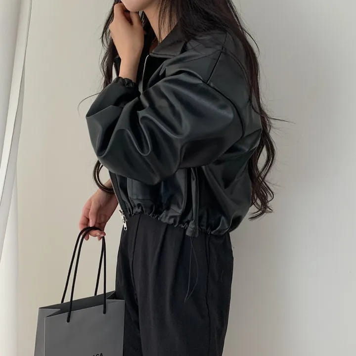 Lapel Double Zipper Pocket Long Sleeve Leather Coat