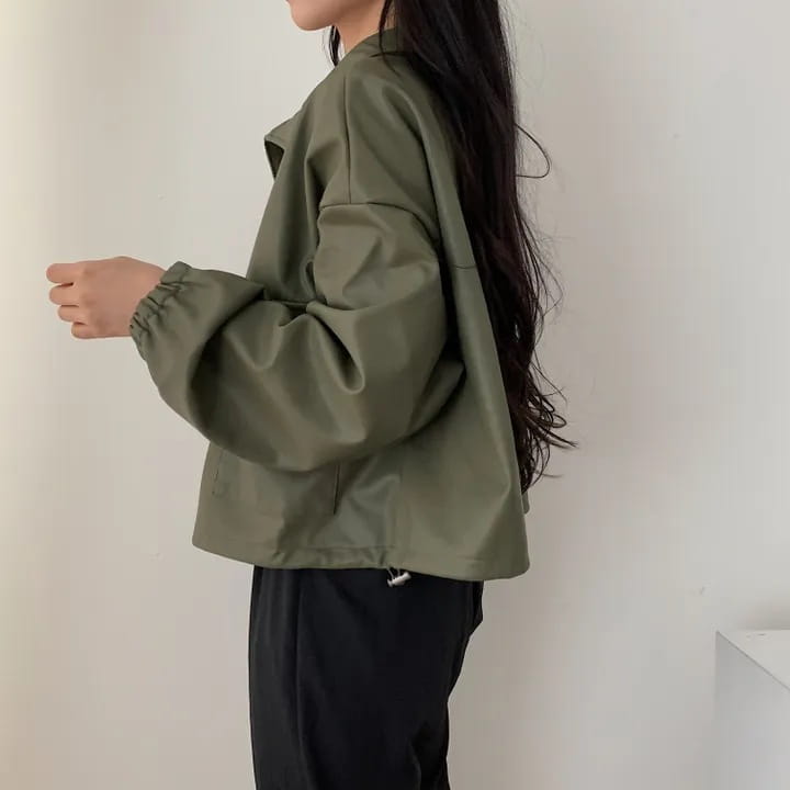 Lapel Double Zipper Pocket Long Sleeve Leather Coat