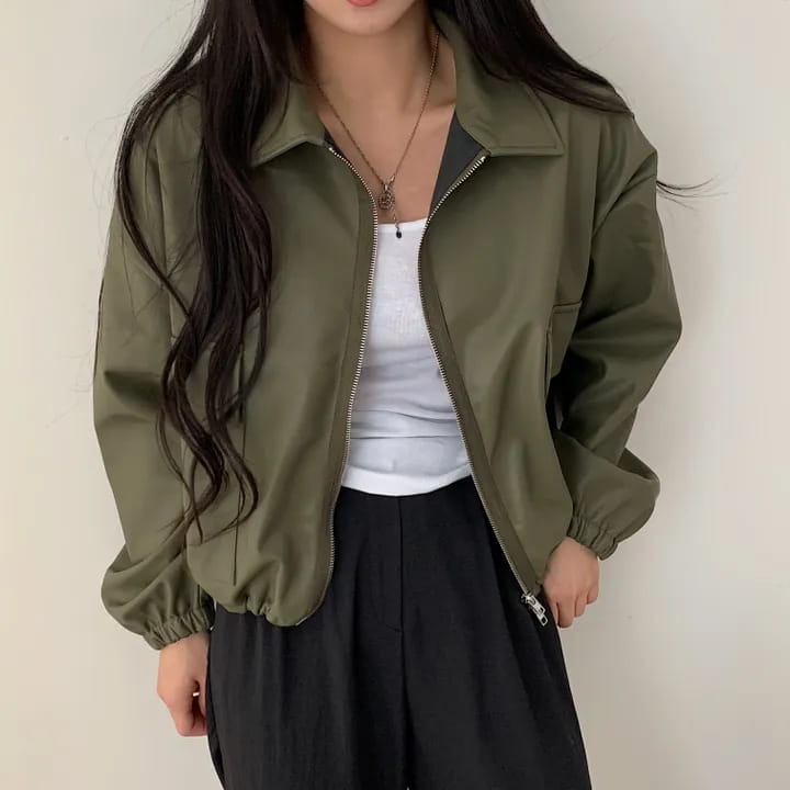 Lapel Double Zipper Pocket Long Sleeve Leather Coat