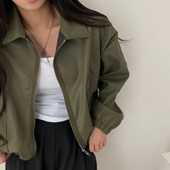 Lapel Double Zipper Pocket Long Sleeve Leather Coat