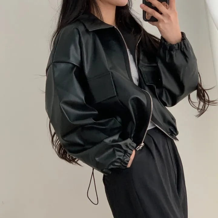 Lapel Double Zipper Pocket Long Sleeve Leather Coat