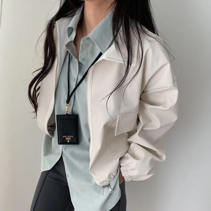 Lapel Double Zipper Pocket Long Sleeve Leather Coat