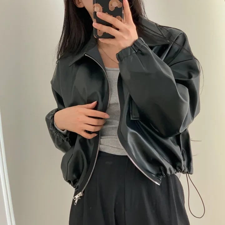 Lapel Double Zipper Pocket Long Sleeve Leather Coat
