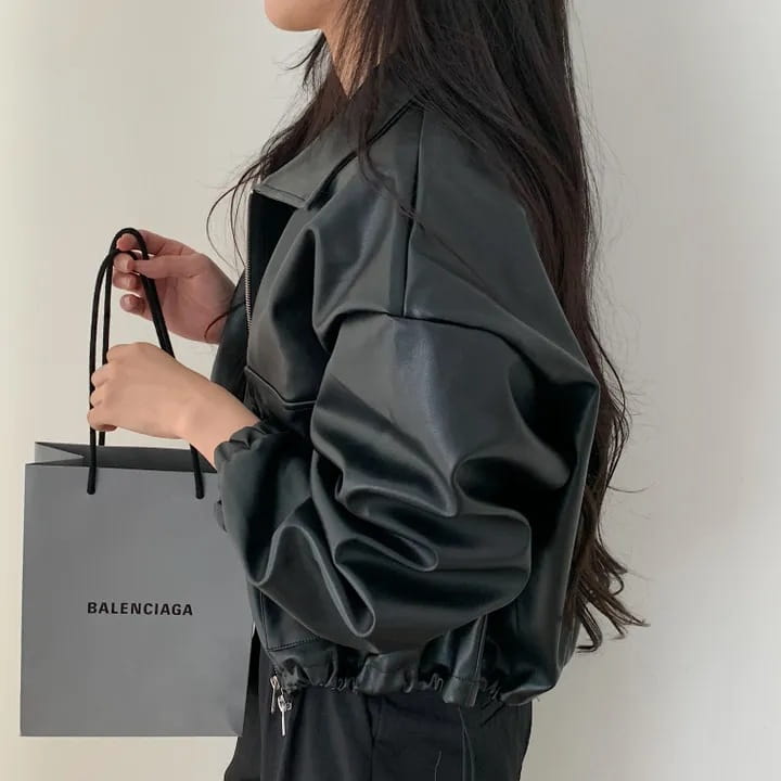 Lapel Double Zipper Pocket Long Sleeve Leather Coat