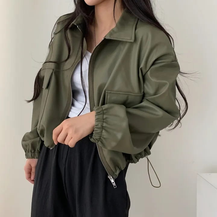 Lapel Double Zipper Pocket Long Sleeve Leather Coat