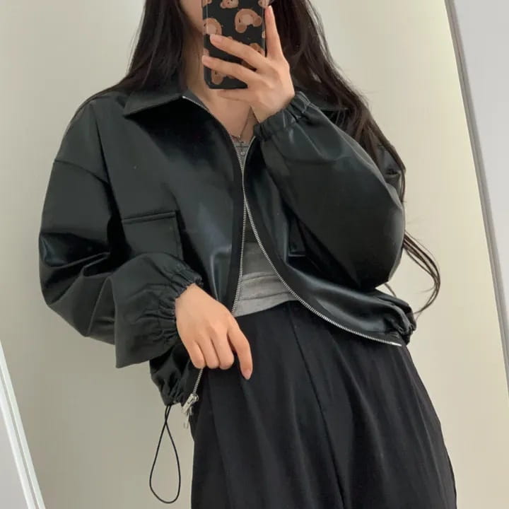 Lapel Double Zipper Pocket Long Sleeve Leather Coat