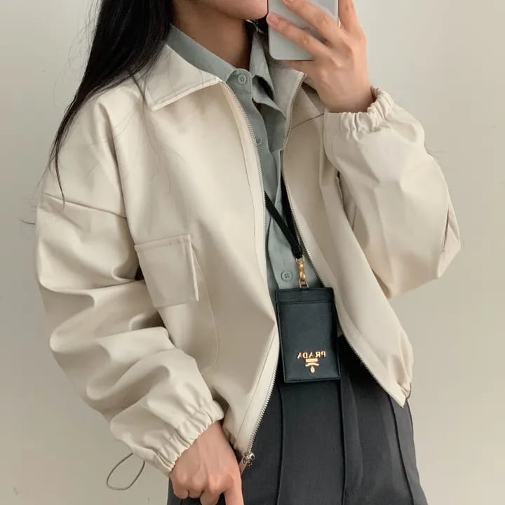 Lapel Double Zipper Pocket Long Sleeve Leather Coat