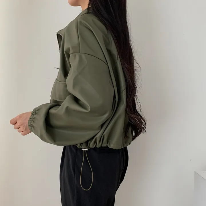Lapel Double Zipper Pocket Long Sleeve Leather Coat