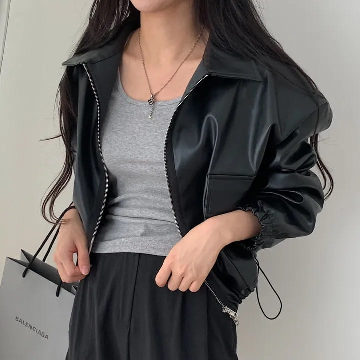 Lapel Double Zipper Pocket Long Sleeve Leather Coat