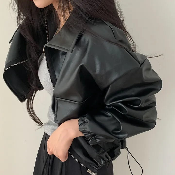 Lapel Double Zipper Pocket Long Sleeve Leather Coat