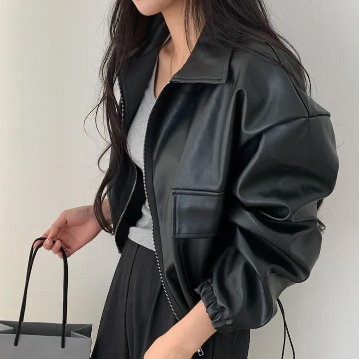 Lapel Double Zipper Pocket Long Sleeve Leather Coat