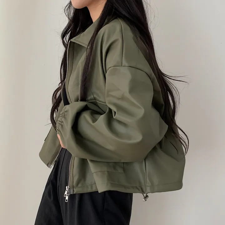 Lapel Double Zipper Pocket Long Sleeve Leather Coat