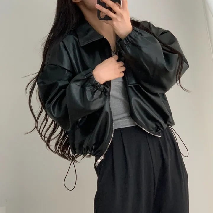 Lapel Double Zipper Pocket Long Sleeve Leather Coat
