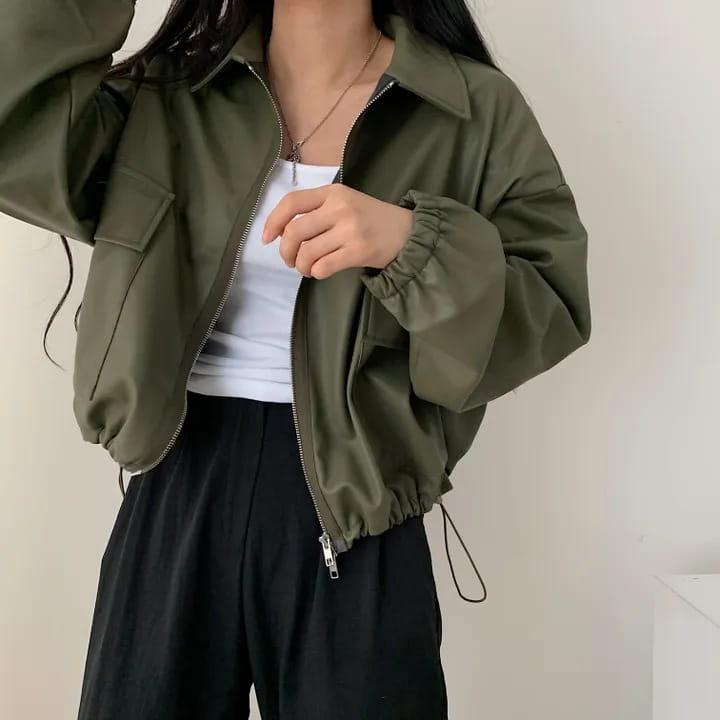 Lapel Double Zipper Pocket Long Sleeve Leather Coat