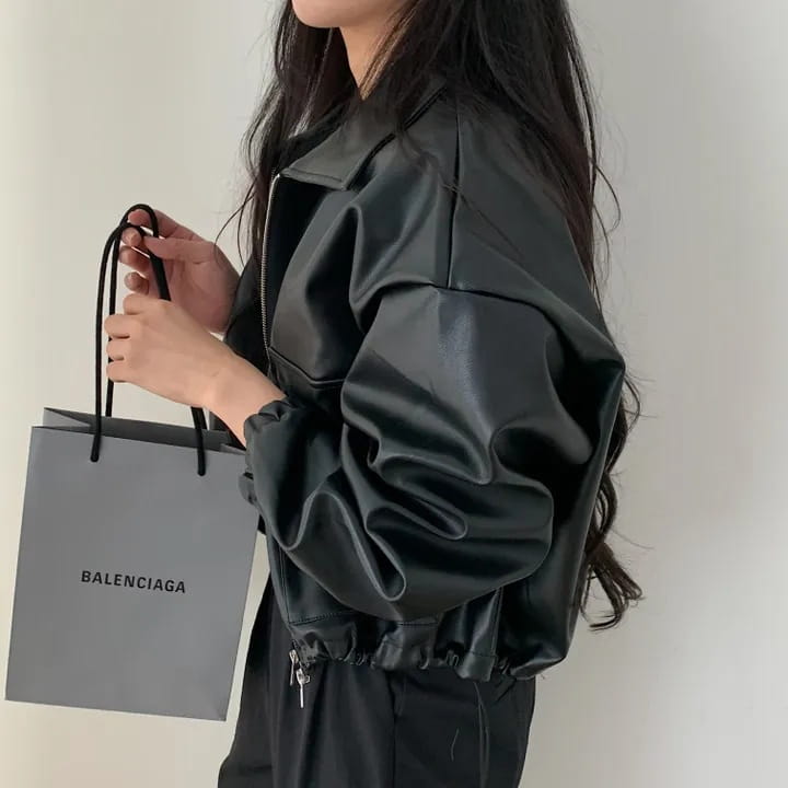 Lapel Double Zipper Pocket Long Sleeve Leather Coat