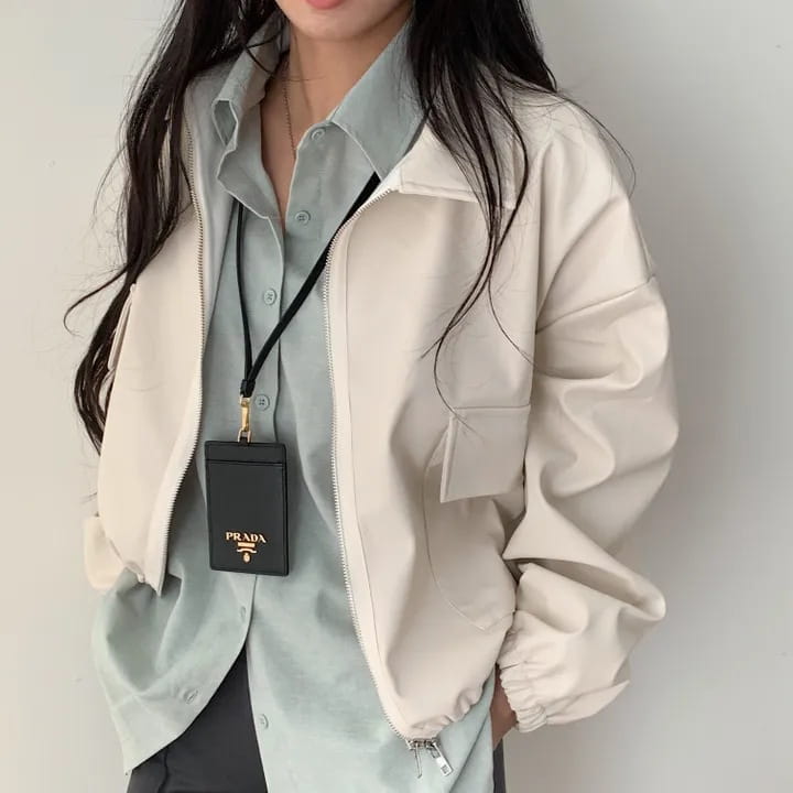 Lapel Double Zipper Pocket Long Sleeve Leather Coat