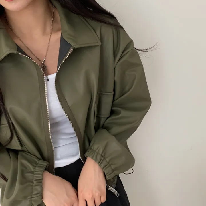 Lapel Double Zipper Pocket Long Sleeve Leather Coat
