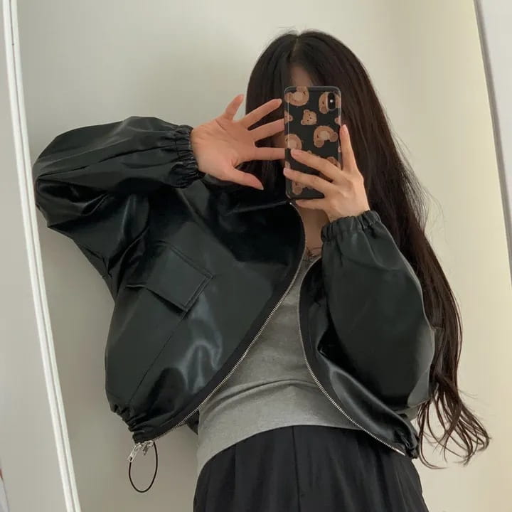Lapel Double Zipper Pocket Long Sleeve Leather Coat