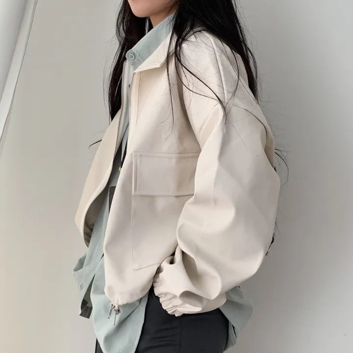 Lapel Double Zipper Pocket Long Sleeve Leather Coat