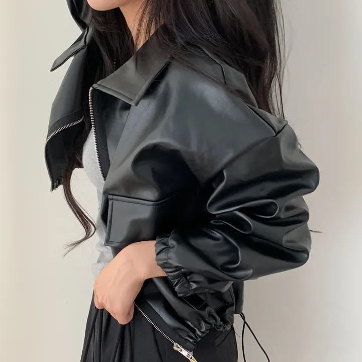 Lapel Double Zipper Pocket Long Sleeve Leather Coat