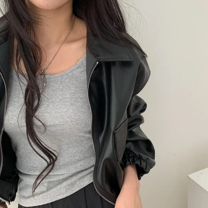 Lapel Double Zipper Pocket Long Sleeve Leather Coat