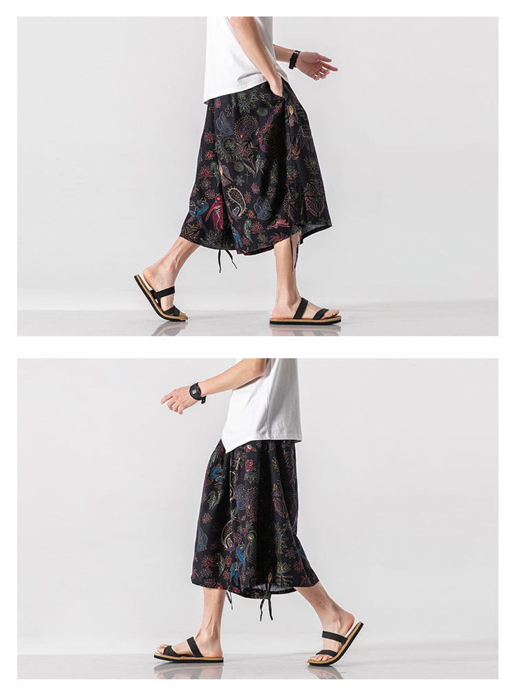 Men’s Loose-fitting Chinese Style Elephant Flower Cropped Large Trunks Radish Beach Flower Pants