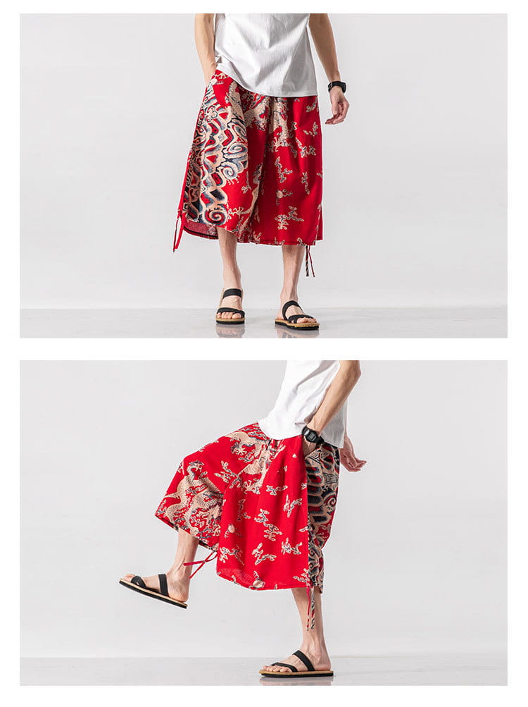 Men’s Loose-fitting Chinese Style Elephant Flower Cropped Large Trunks Radish Beach Flower Pants