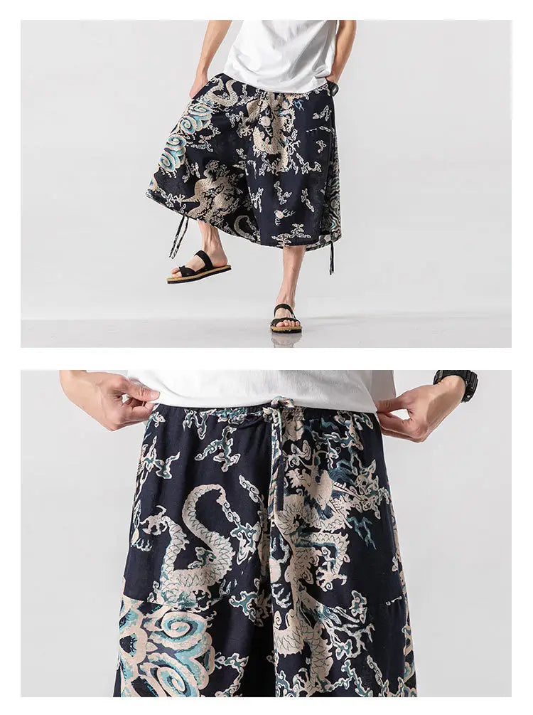 Men’s Loose-fitting Chinese Style Elephant Flower Cropped Large Trunks Radish Beach Flower Pants
