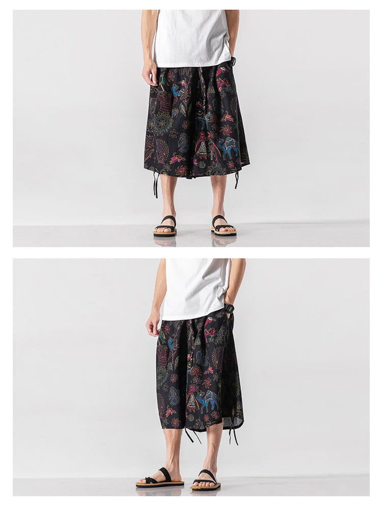 Men’s Loose-fitting Chinese Style Elephant Flower Cropped Large Trunks Radish Beach Flower Pants