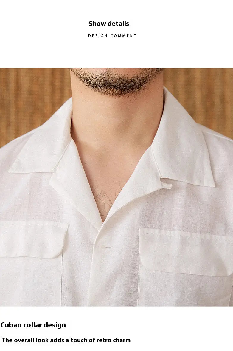Men’s Short-sleeved Summer Cotton And Linen Cuban Collar Shirt