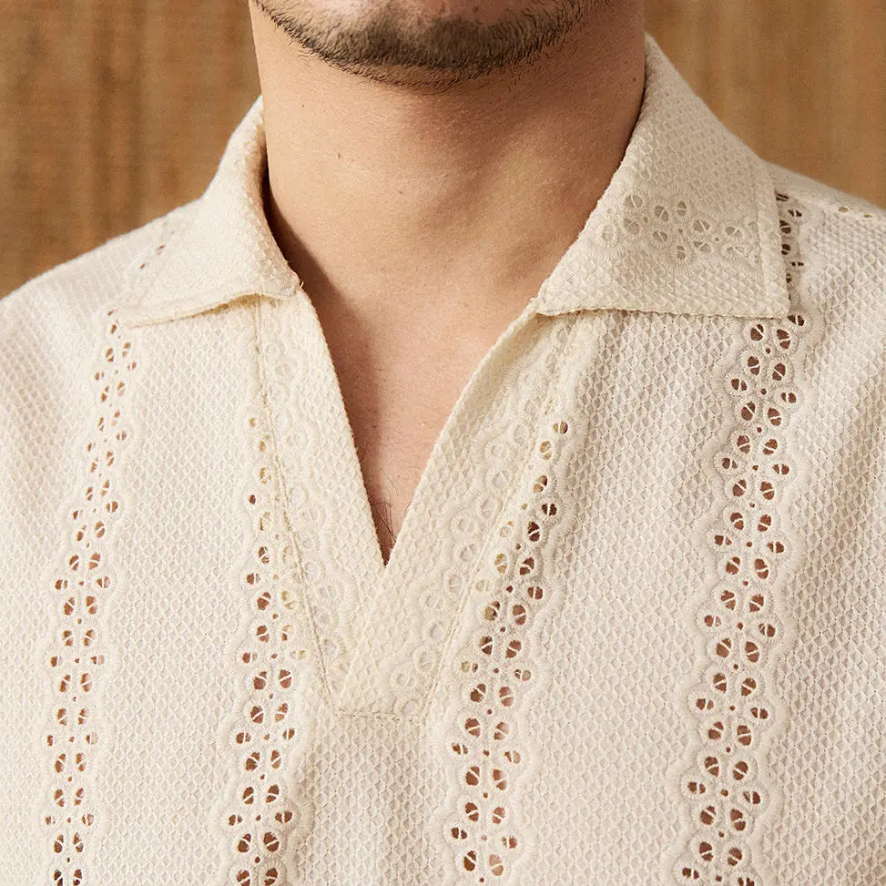 Men’s Summer Short Sleeve Breathable Cotton Loose Hollow T-shirt