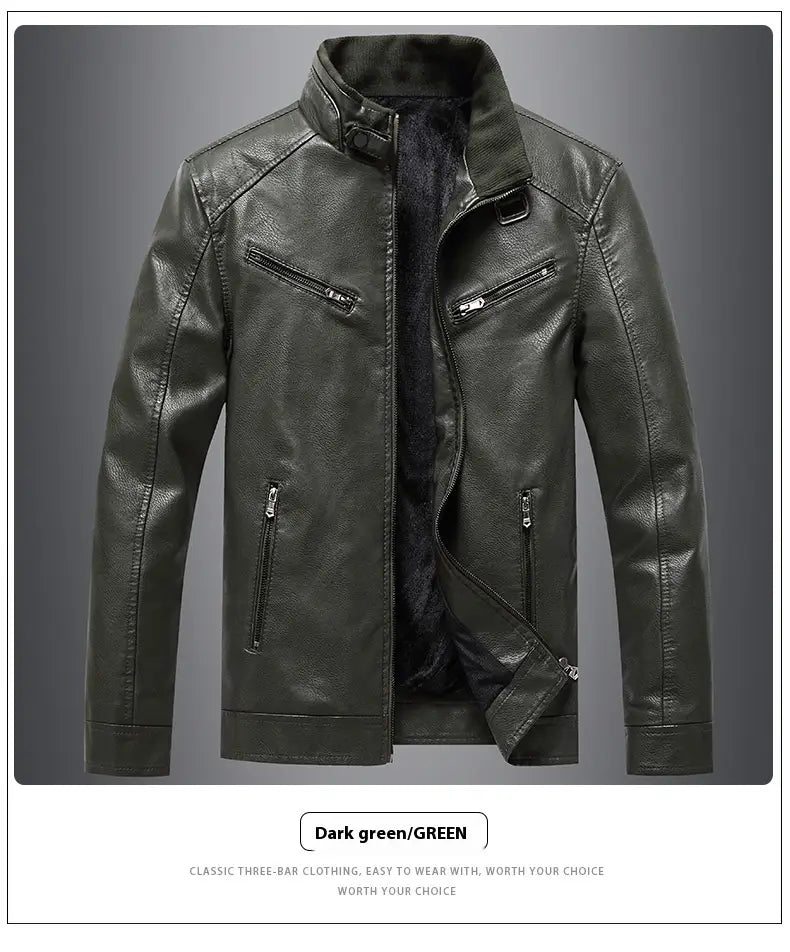 Men’s Fleece Padded Coat Casual Korean-style Stand Collar PU Leather Jacket Trendy Youth