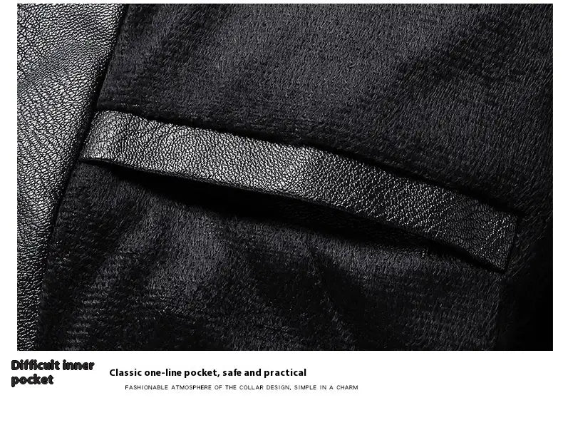 Men’s Fleece Padded Coat Casual Korean-style Stand Collar PU Leather Jacket Trendy Youth